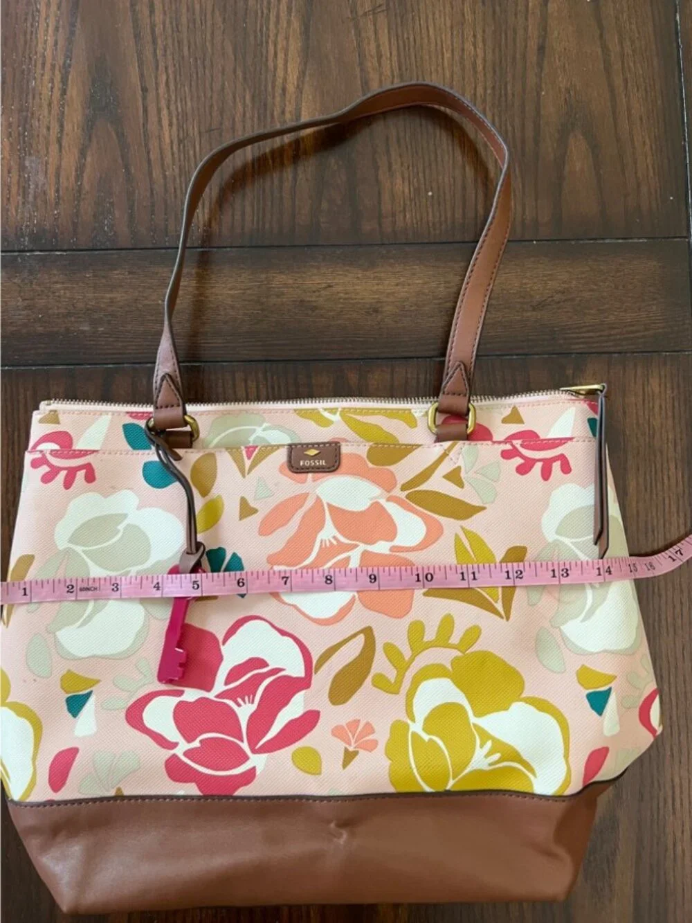 Fossil Mothers Day Large Shopper Tote Shoulder Bag Purse Pink Floral Print Key - Picture 6 of 11